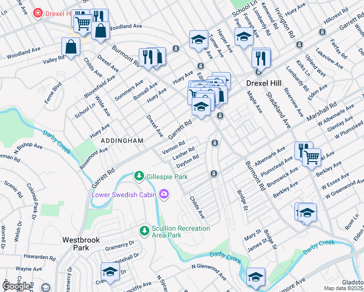 map of restaurants, bars, coffee shops, grocery stores, and more near 4032 Vernon Road in Drexel Hill
