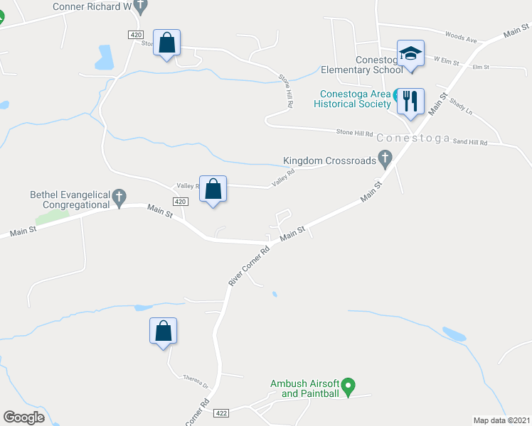 map of restaurants, bars, coffee shops, grocery stores, and more near 3327 Main Street in Conestoga