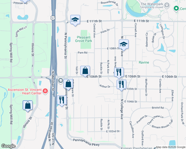 map of restaurants, bars, coffee shops, grocery stores, and more near 10600 Central Avenue in Indianapolis