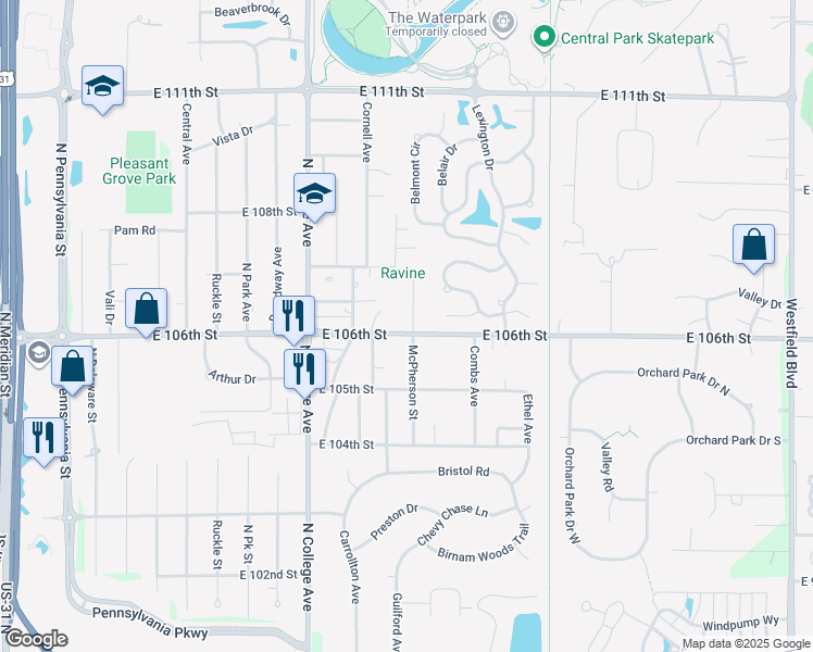 map of restaurants, bars, coffee shops, grocery stores, and more near 1050 East 106th Street in Indianapolis