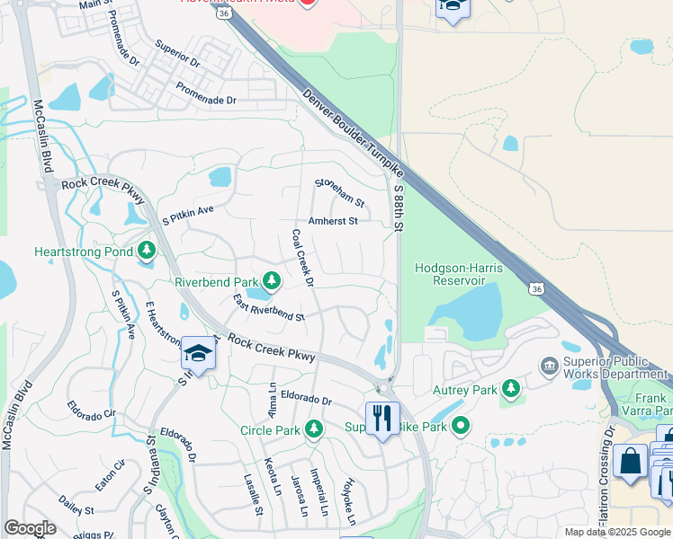 map of restaurants, bars, coffee shops, grocery stores, and more near 1321 South Idalia Court in Superior