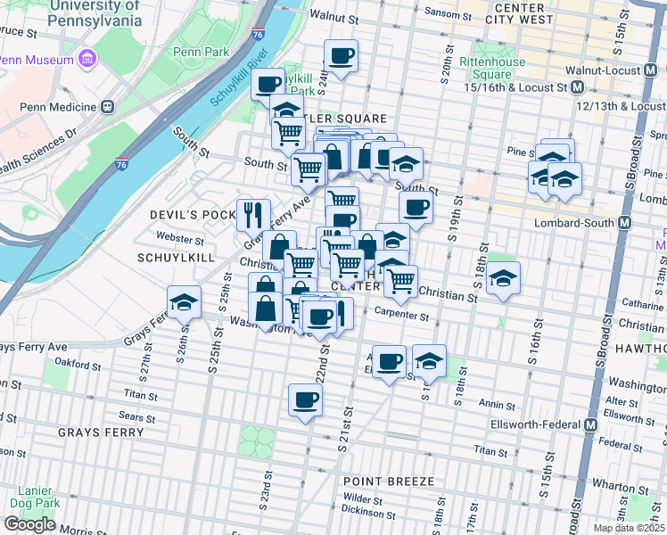 map of restaurants, bars, coffee shops, grocery stores, and more near 2202 Madison Square in Philadelphia