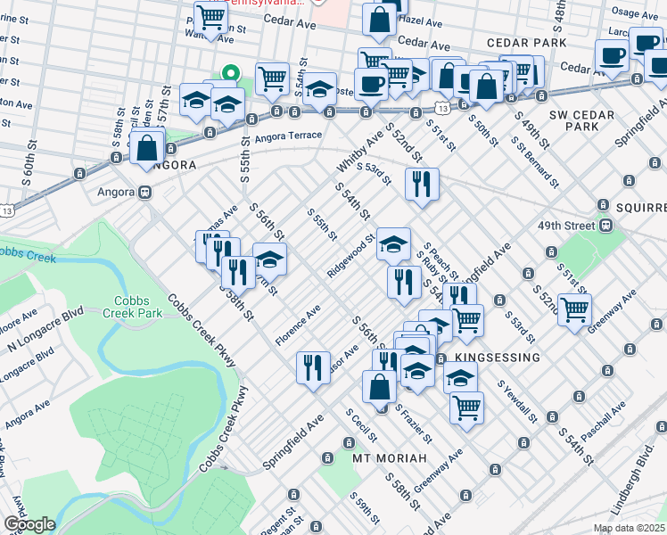 map of restaurants, bars, coffee shops, grocery stores, and more near 5529 Ridgewood Street in Philadelphia