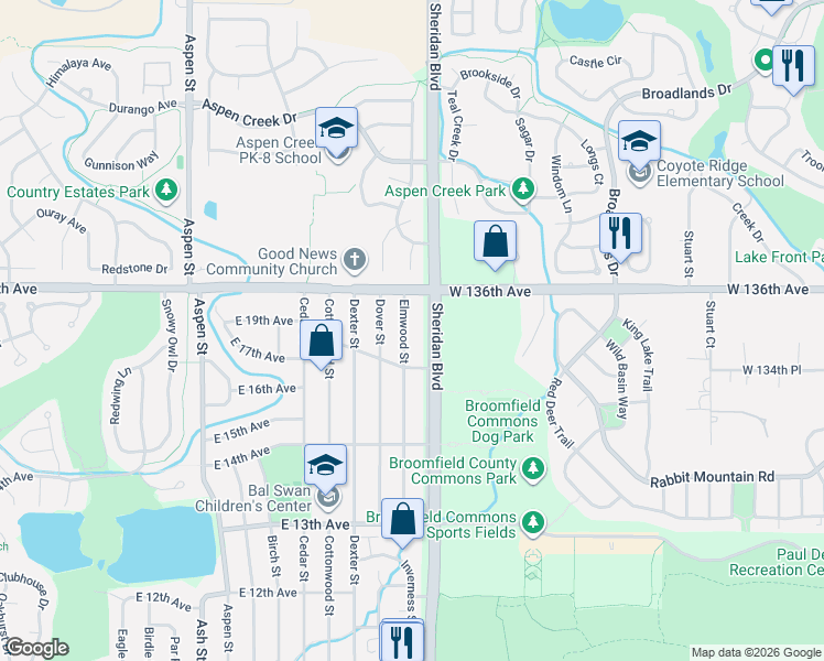 map of restaurants, bars, coffee shops, grocery stores, and more near 1900 Elmwood Street in Broomfield