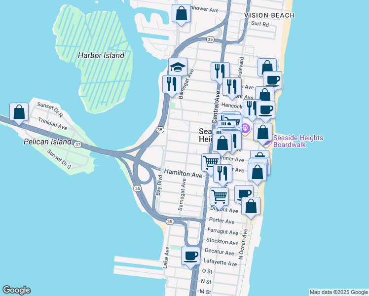 map of restaurants, bars, coffee shops, grocery stores, and more near 306 Sumner Avenue in Seaside Heights