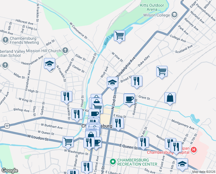 map of restaurants, bars, coffee shops, grocery stores, and more near 321 Philadelphia Avenue in Chambersburg
