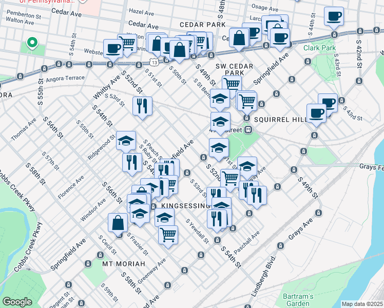 map of restaurants, bars, coffee shops, grocery stores, and more near 1218 South 52nd Street in Philadelphia