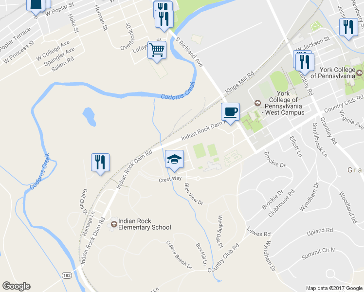 map of restaurants, bars, coffee shops, grocery stores, and more near 1276 Rannoch Lane in York
