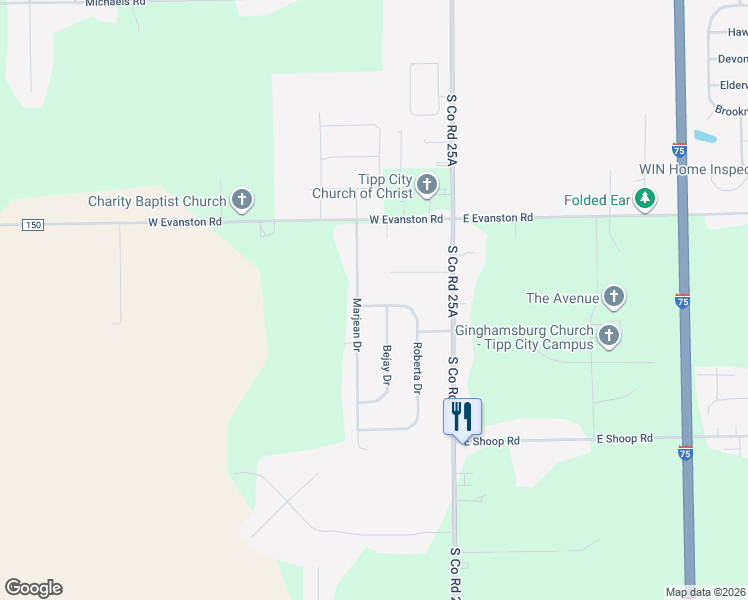 map of restaurants, bars, coffee shops, grocery stores, and more near 6577 Roberta Drive in Tipp City