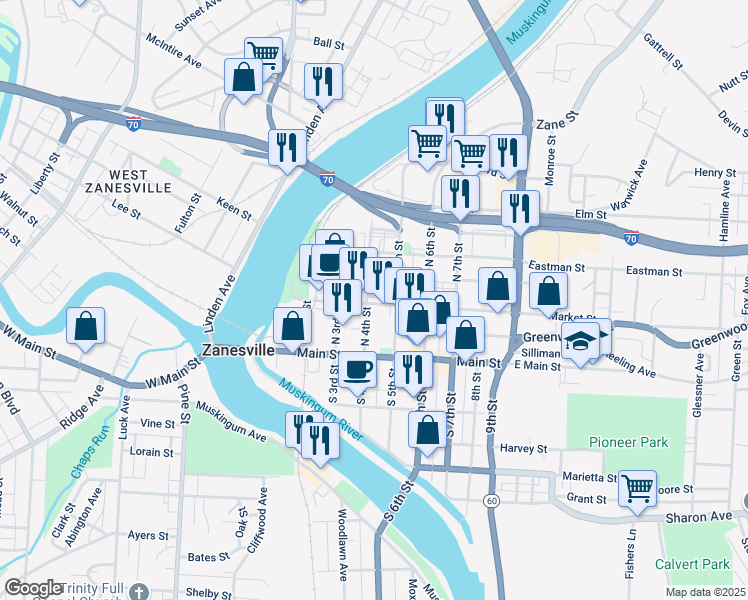 map of restaurants, bars, coffee shops, grocery stores, and more near 401 Market Street in Zanesville