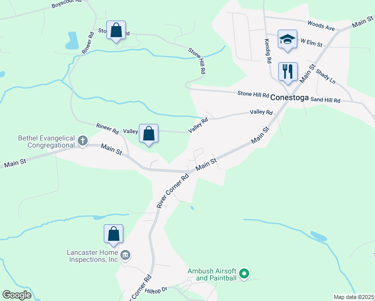 map of restaurants, bars, coffee shops, grocery stores, and more near 3327 Main Street in Conestoga