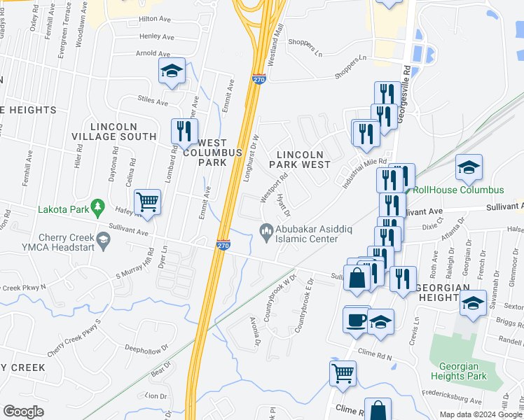 map of restaurants, bars, coffee shops, grocery stores, and more near 4573 Westport Road in Columbus