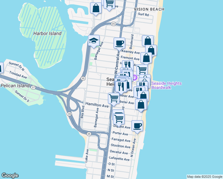 map of restaurants, bars, coffee shops, grocery stores, and more near 211 Blaine Avenue in Seaside Heights