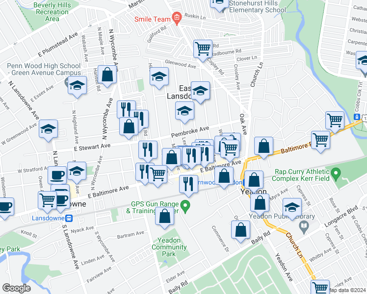 map of restaurants, bars, coffee shops, grocery stores, and more near 50 Lexington Avenue in East Lansdowne