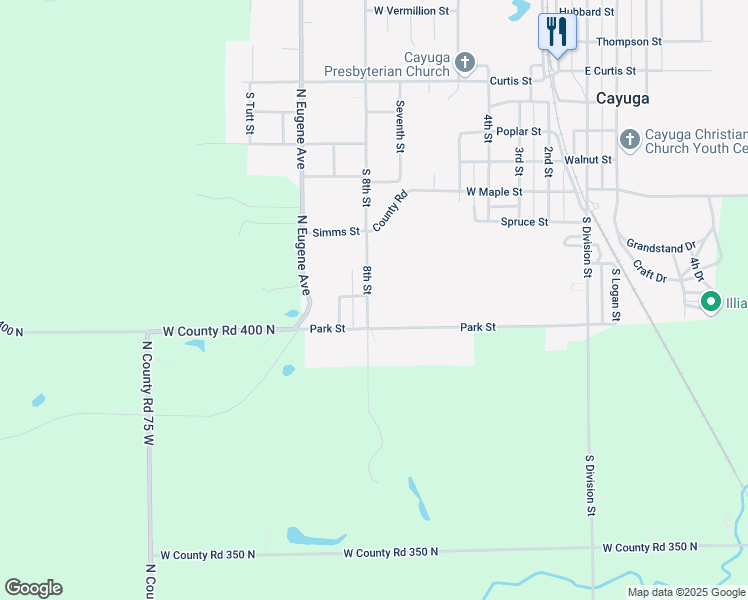 map of restaurants, bars, coffee shops, grocery stores, and more near 600 South 8th Street in Cayuga