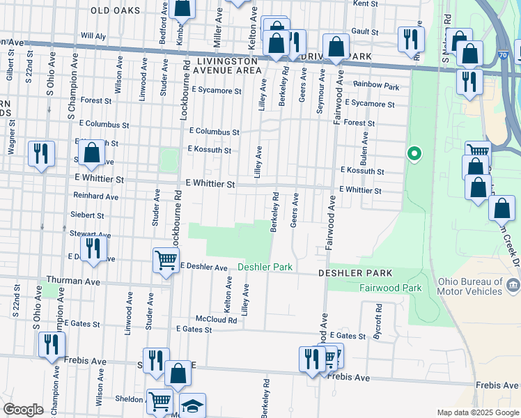 map of restaurants, bars, coffee shops, grocery stores, and more near 1194 Lilley Avenue in Columbus
