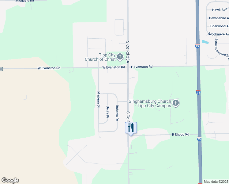 map of restaurants, bars, coffee shops, grocery stores, and more near 6635 Roberta Drive in Tipp City