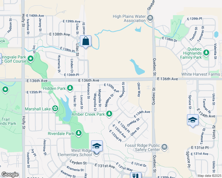 map of restaurants, bars, coffee shops, grocery stores, and more near 6633 East 135th Place in Thornton