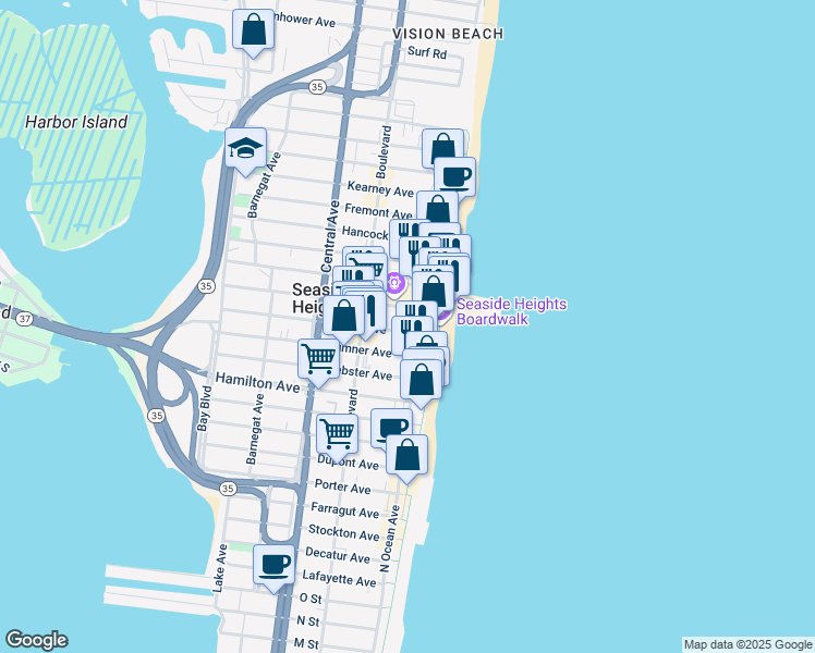 map of restaurants, bars, coffee shops, grocery stores, and more near 24 Blaine Avenue in Seaside Heights