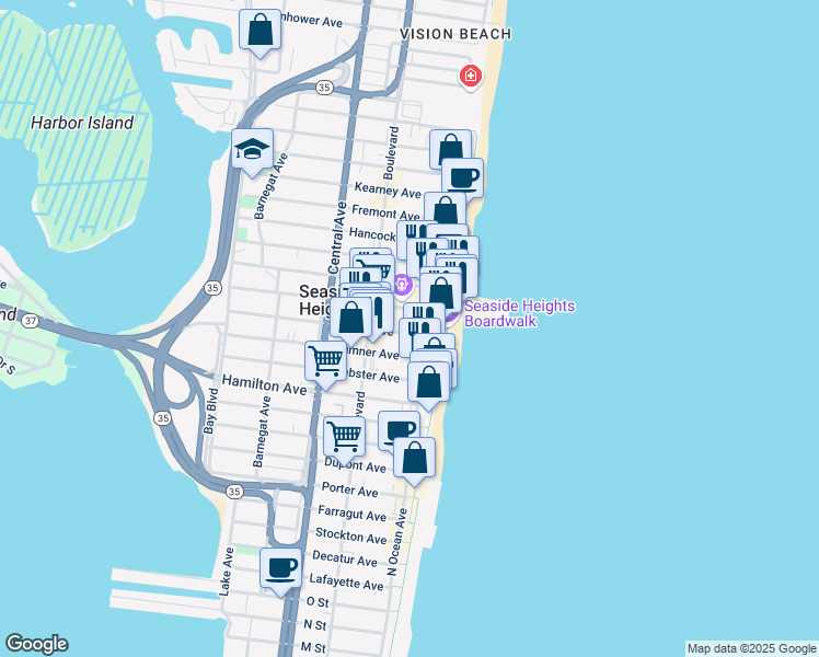 map of restaurants, bars, coffee shops, grocery stores, and more near 24 Blaine Avenue in Seaside Heights