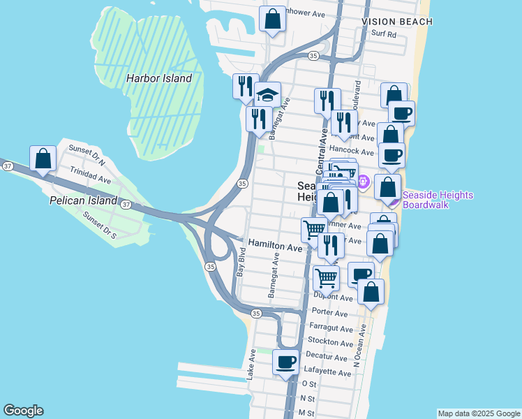 map of restaurants, bars, coffee shops, grocery stores, and more near 602 Bay Boulevard in Seaside Heights