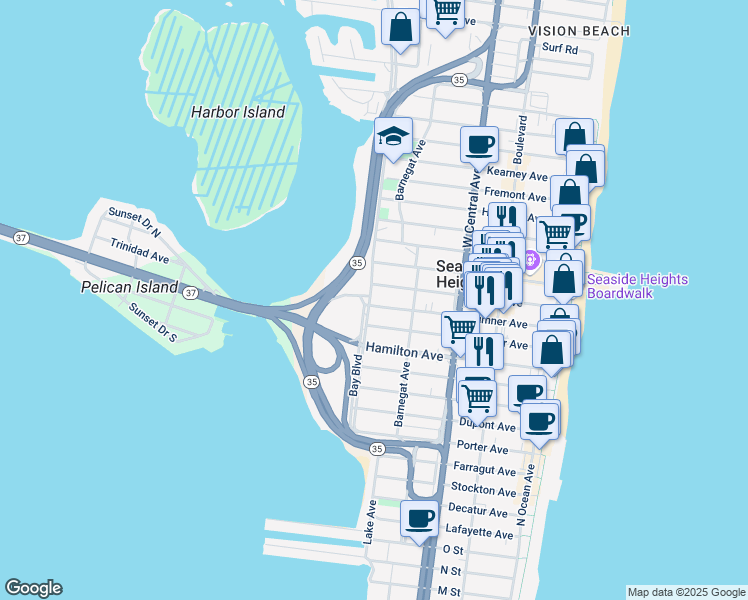 map of restaurants, bars, coffee shops, grocery stores, and more near 602 Bay Boulevard in Seaside Heights