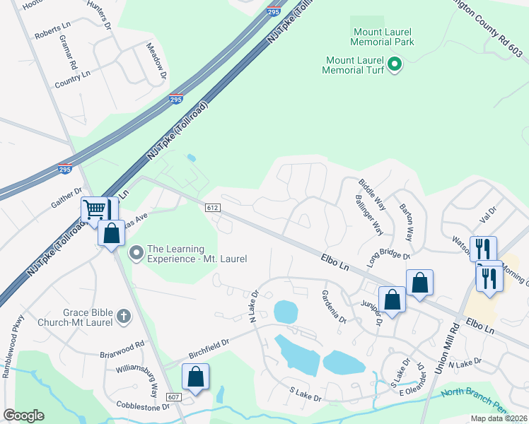 map of restaurants, bars, coffee shops, grocery stores, and more near in Mount Laurel Township