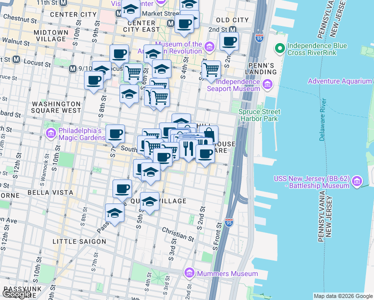 map of restaurants, bars, coffee shops, grocery stores, and more near in Philadelphia