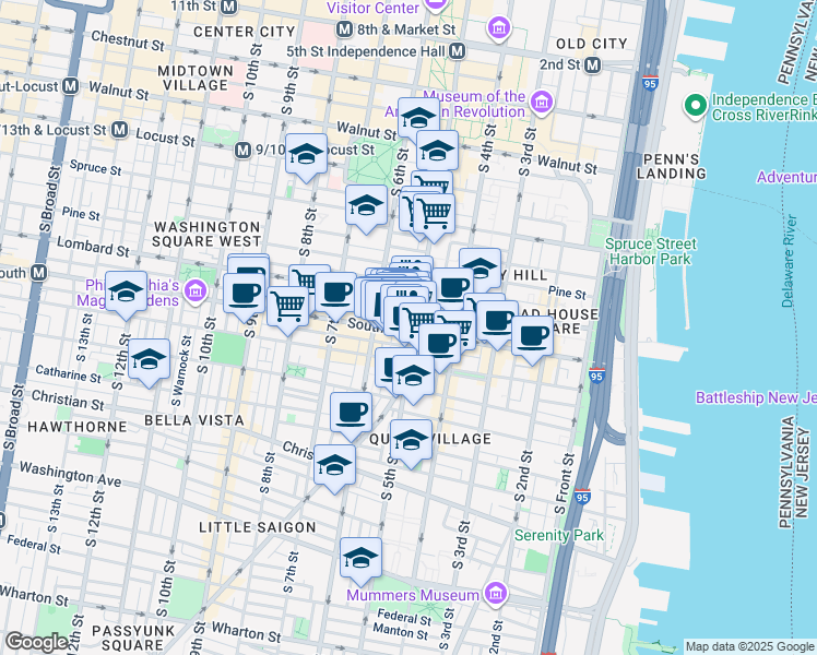 map of restaurants, bars, coffee shops, grocery stores, and more near 517 South Randolph Street in Philadelphia