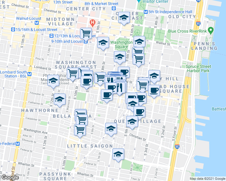 map of restaurants, bars, coffee shops, grocery stores, and more near 617 South Street in Philadelphia