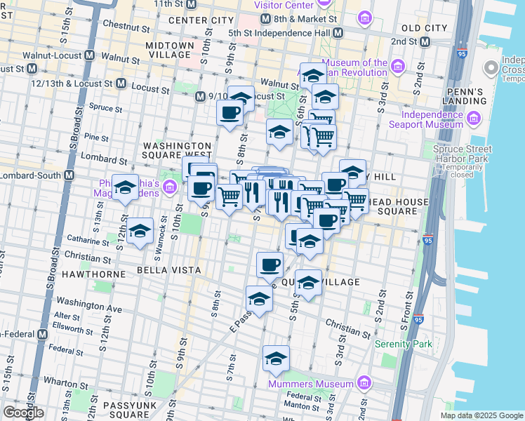 map of restaurants, bars, coffee shops, grocery stores, and more near 617 South Street in Philadelphia
