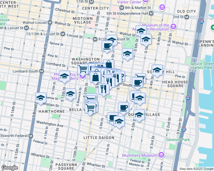 map of restaurants, bars, coffee shops, grocery stores, and more near 824 South Street in Philadelphia
