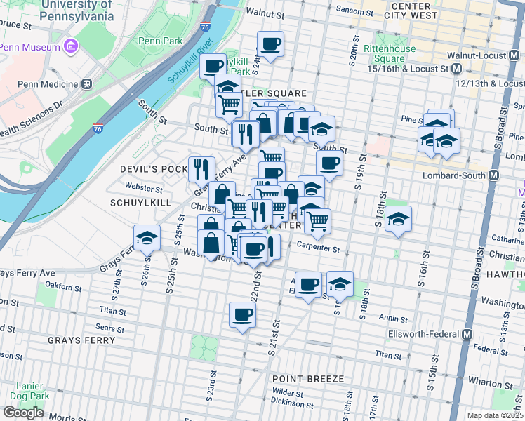 map of restaurants, bars, coffee shops, grocery stores, and more near 2204 Madison Square in Philadelphia
