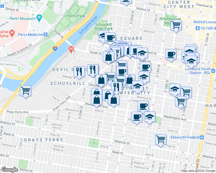 map of restaurants, bars, coffee shops, grocery stores, and more near 2315 Christian Street in Philadelphia