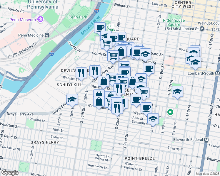 map of restaurants, bars, coffee shops, grocery stores, and more near 2315 Christian Street in Philadelphia