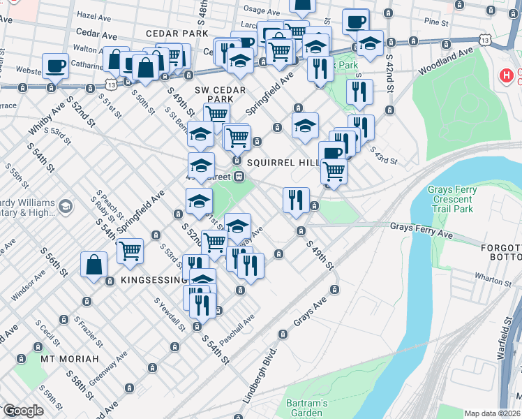 map of restaurants, bars, coffee shops, grocery stores, and more near 1255 Greylock Street in Philadelphia
