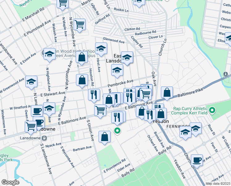 map of restaurants, bars, coffee shops, grocery stores, and more near 45 Lexington Avenue in Lansdowne