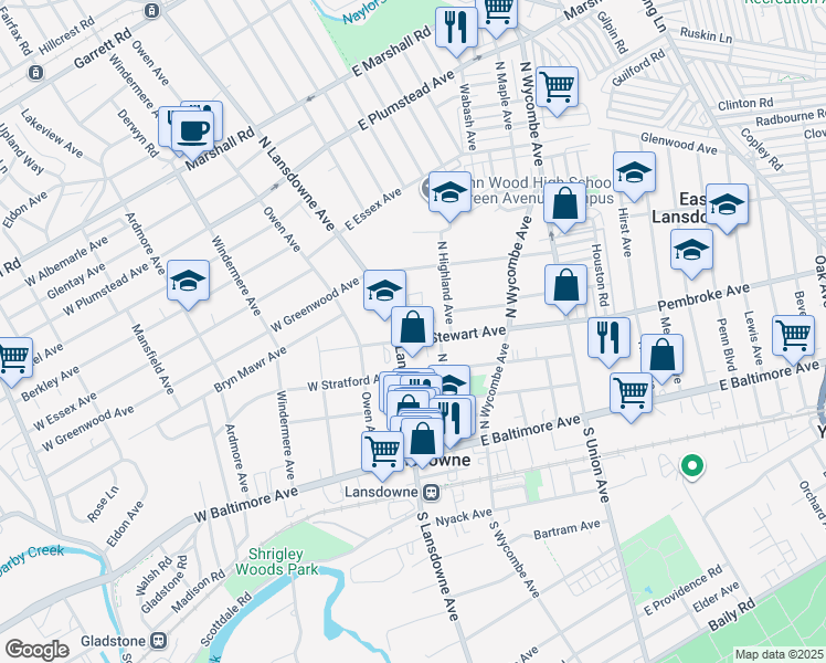 map of restaurants, bars, coffee shops, grocery stores, and more near 120 North Lansdowne Avenue in Lansdowne