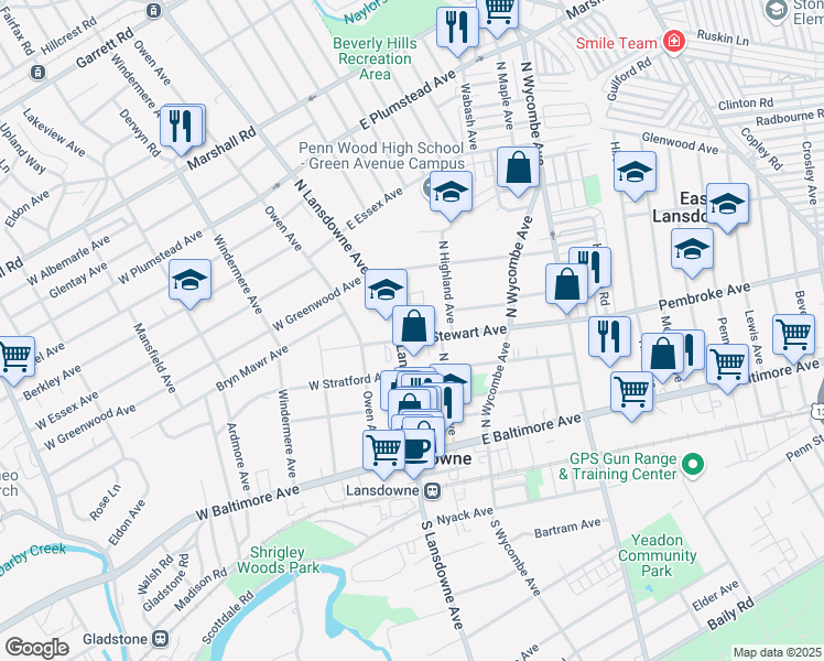 map of restaurants, bars, coffee shops, grocery stores, and more near 120 North Lansdowne Avenue in Lansdowne