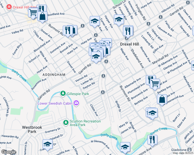 map of restaurants, bars, coffee shops, grocery stores, and more near in Drexel Hill