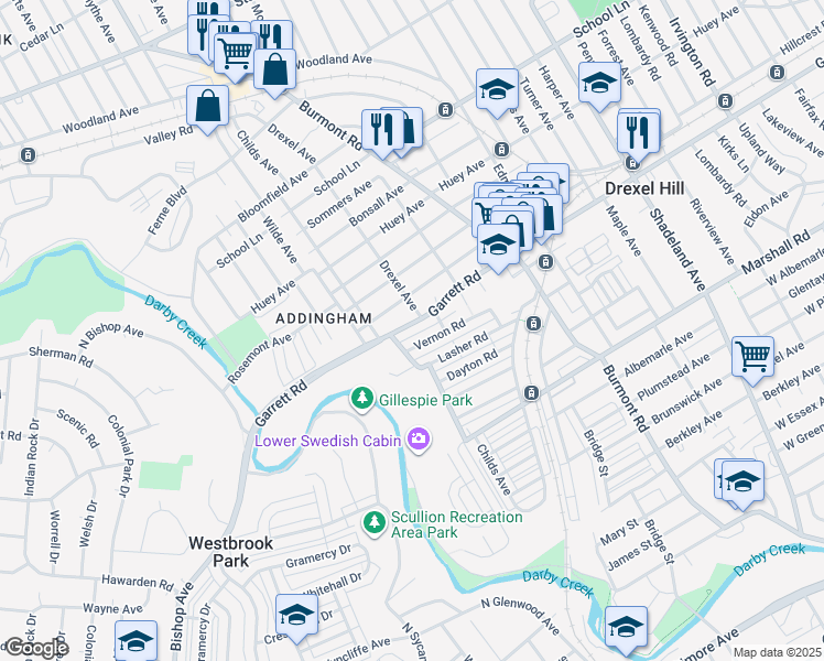 map of restaurants, bars, coffee shops, grocery stores, and more near 4128 Garrett Road in Drexel Hill