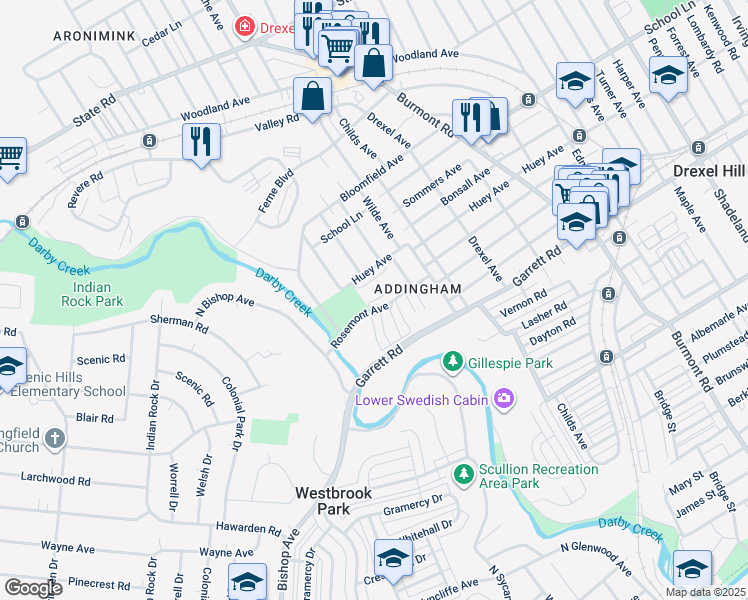 map of restaurants, bars, coffee shops, grocery stores, and more near 4423 Rosemont Avenue in Drexel Hill