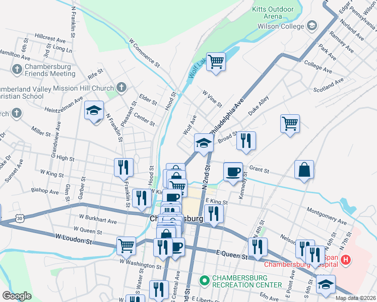 map of restaurants, bars, coffee shops, grocery stores, and more near 321 Philadelphia Avenue in Chambersburg