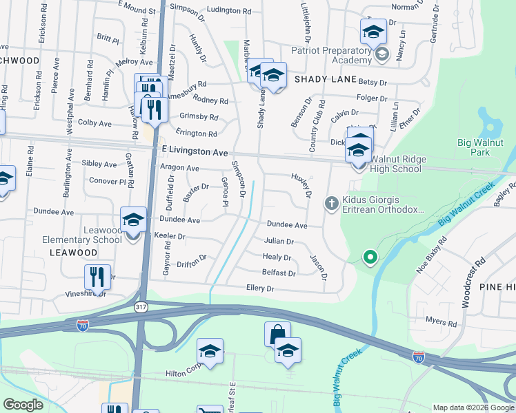 map of restaurants, bars, coffee shops, grocery stores, and more near 1636 Simpson Drive in Columbus