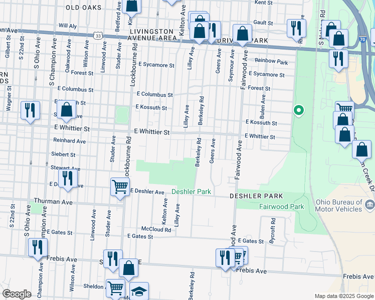 map of restaurants, bars, coffee shops, grocery stores, and more near 1194 Lilley Avenue in Columbus