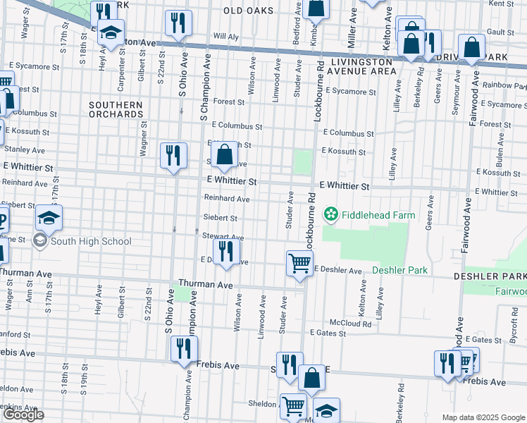 map of restaurants, bars, coffee shops, grocery stores, and more near 1153 Linwood Avenue in Columbus