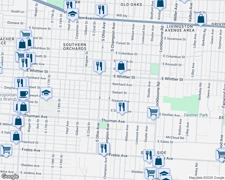 map of restaurants, bars, coffee shops, grocery stores, and more near 1133 South Champion Avenue in Columbus