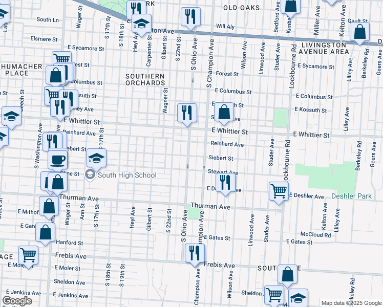 map of restaurants, bars, coffee shops, grocery stores, and more near 1119 South Ohio Avenue in Columbus