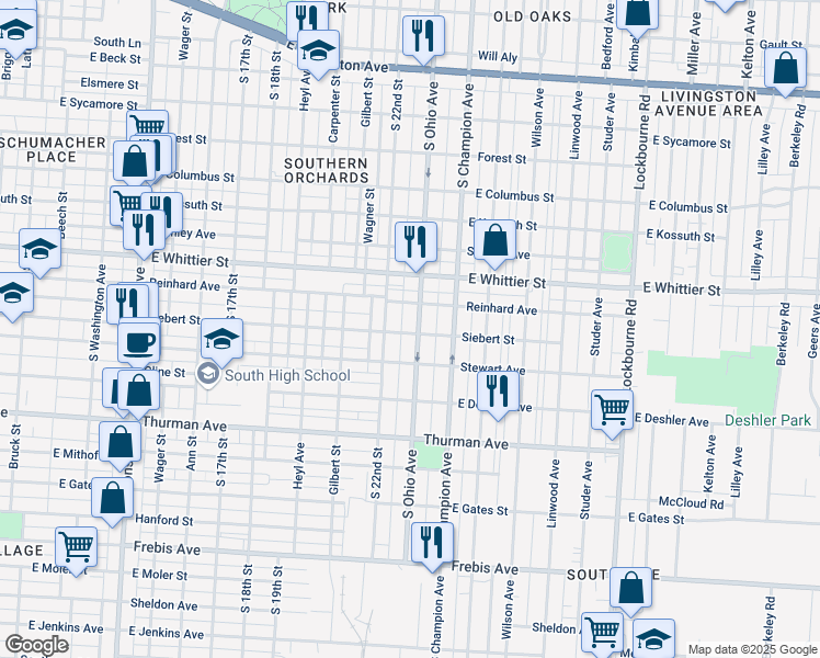 map of restaurants, bars, coffee shops, grocery stores, and more near 1119 South Ohio Avenue in Columbus