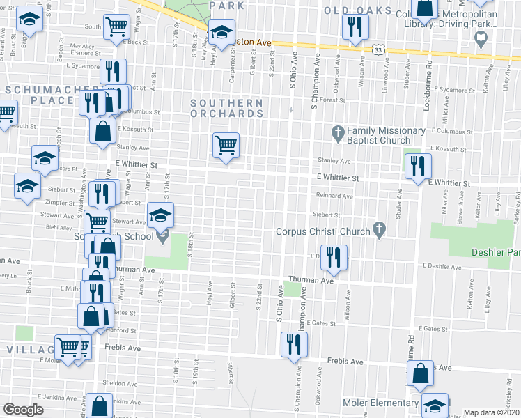 map of restaurants, bars, coffee shops, grocery stores, and more near 834 Siebert Street in Columbus